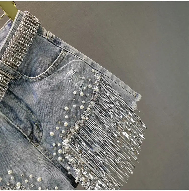 Denim Shorts Women's 2025 Summer Clothes New European High Waist Thin Heavy Industry Beaded Sequined Fringed Broken Copper Jeans