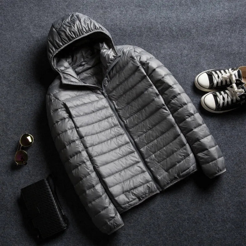 Down Cotton Coat Man 2025 Light Feathered Cotton Jacket Winter Slim Hooded Stand-Up Collar Solid Color Warm Clothing