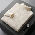 2025 Winter Turtleneck 100% Merino Wool Knitted Sweater Men's Lapel Jacquard Thicken Pullovers Fashion Loose High-End Base Shirt