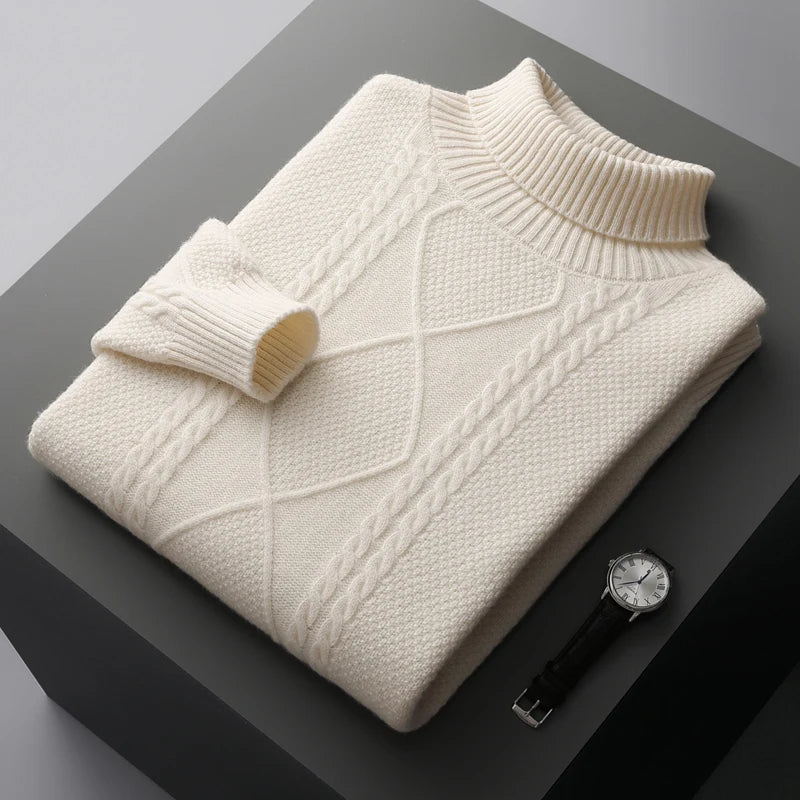 2025 Winter Turtleneck 100% Merino Wool Knitted Sweater Men's Lapel Jacquard Thicken Pullovers Fashion Loose High-End Base Shirt