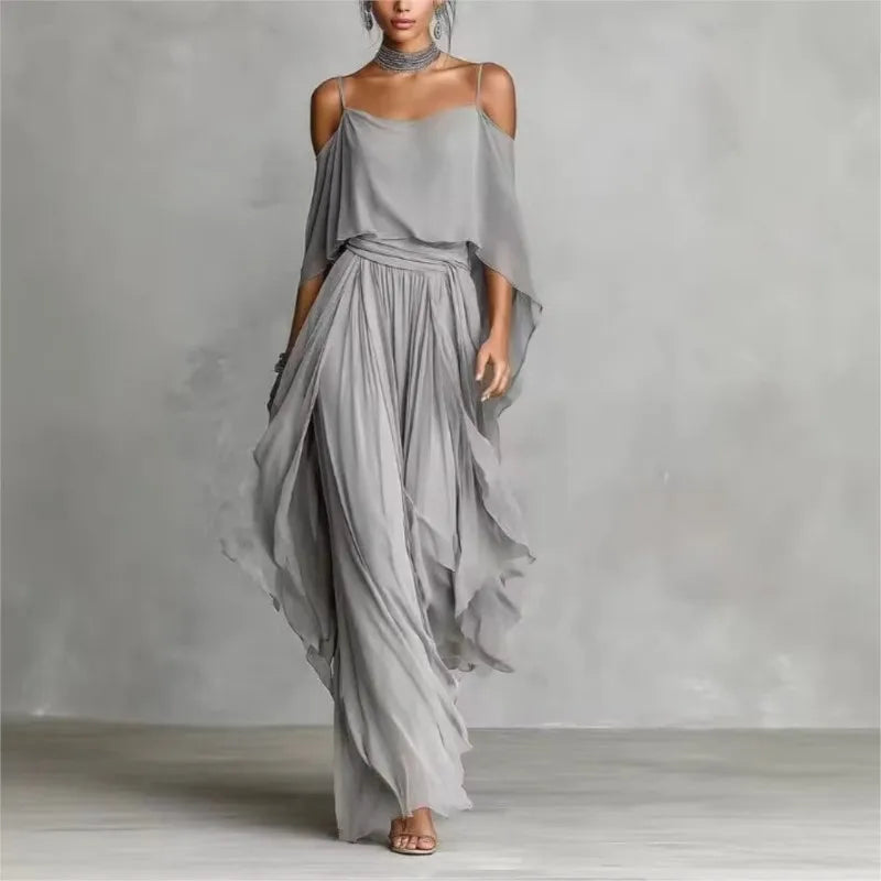 Solid Color Chiffon Two Piece Set Women Casual Off Shoulder Top & Long wide leg pants Set Ladies Elegant Party Suits Outfits