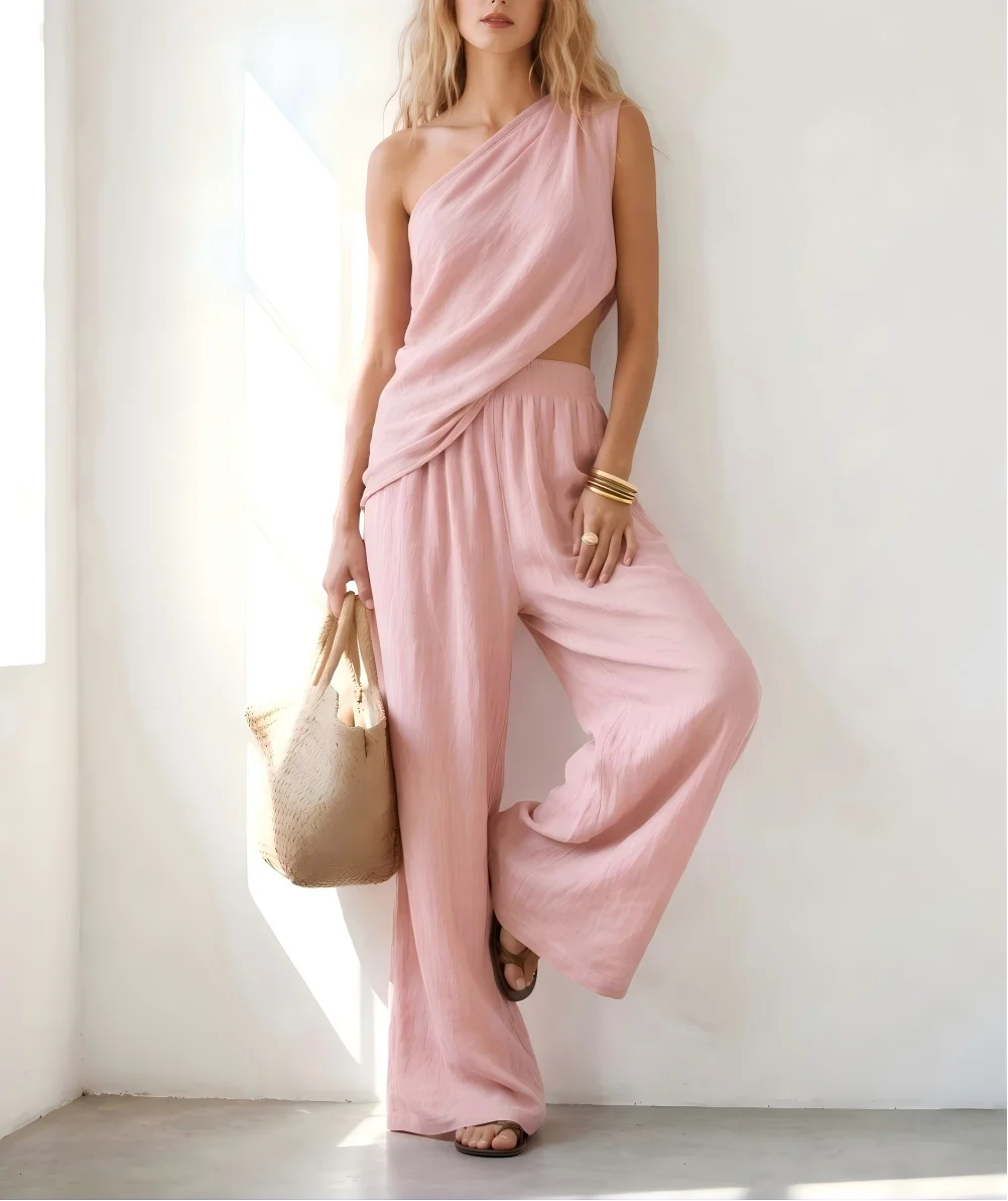Summer Women Slant Shoulder Top & Wide Leg Pants 2 Piece Outfit Cotton Linen Casual Matching Suit