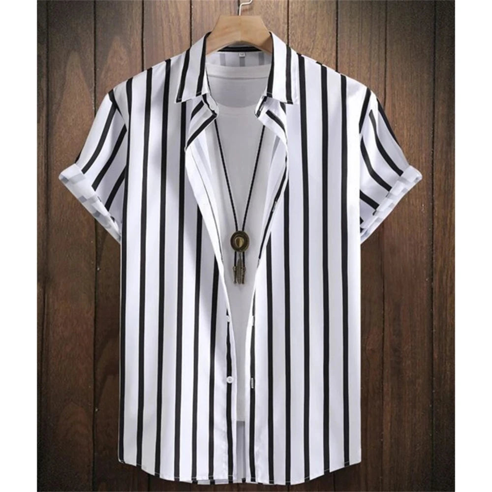 Summer Fashion Striped 3D Print Men's Shirts Basic Graphicsbutton Short Sleeve Lapel Streetwear Hawaiian Blouse Shirts for Men