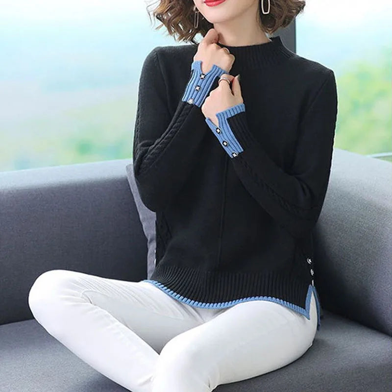 Spring Autumn Women Pullovers Korean Loose Solid Half Turtleneck Sweater Ladies Long Sleeve Jumper Tops Female Knitted Sweater