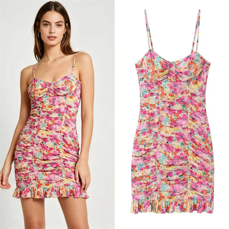 Women's Dress 2026 Summer Personalized Trendy Fashion Floral Print Pleated Charming Hot Sexy Focus Strap Backless Mini Dress
