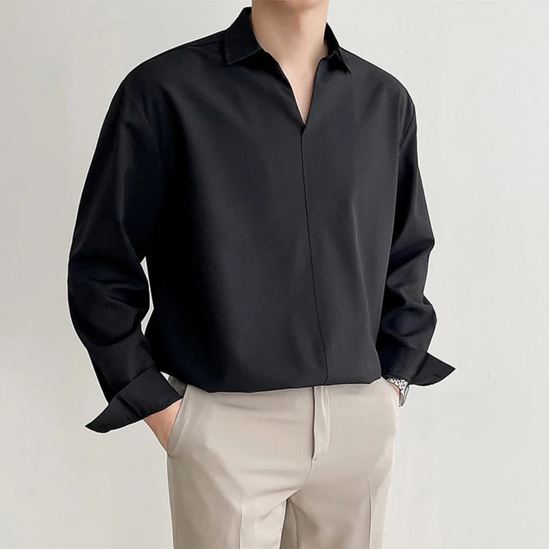 New Korean V Neck Men Shirts Luxury Casual Drooping Style Slim Solid Color Long Sleeve Pullover Blouse High Quality Autumn Tops