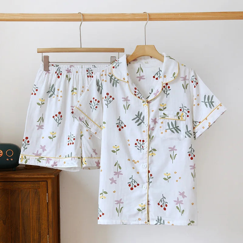 Japanese simple short pyjamas women 100% cotton short sleeves ladies pajama sets shorts Cute cartoon sleepwear women homewear