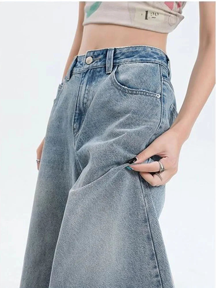 Women's Retro Casual Jeans  Summer New Wide-Leg Pants  High-Waisted Plus-Size Pear-Shaped Body-Camouflaging Straight Leg Pants