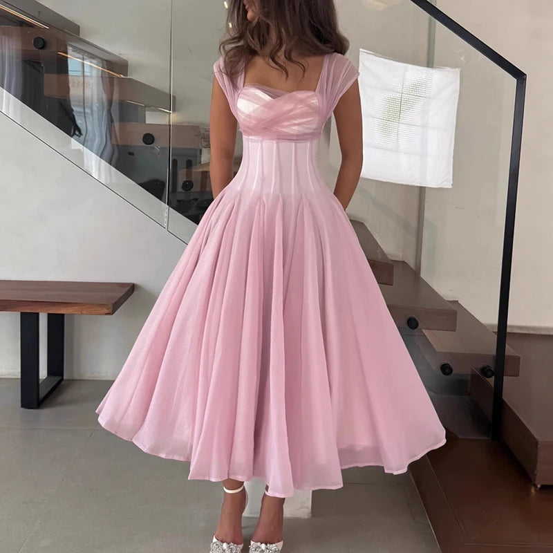 Women Fashion Backless High Waisted Ball Dress Elegant Christmas Party Long Dresses 2025 Sexy Square Neck Sleeveless Mesh Dress