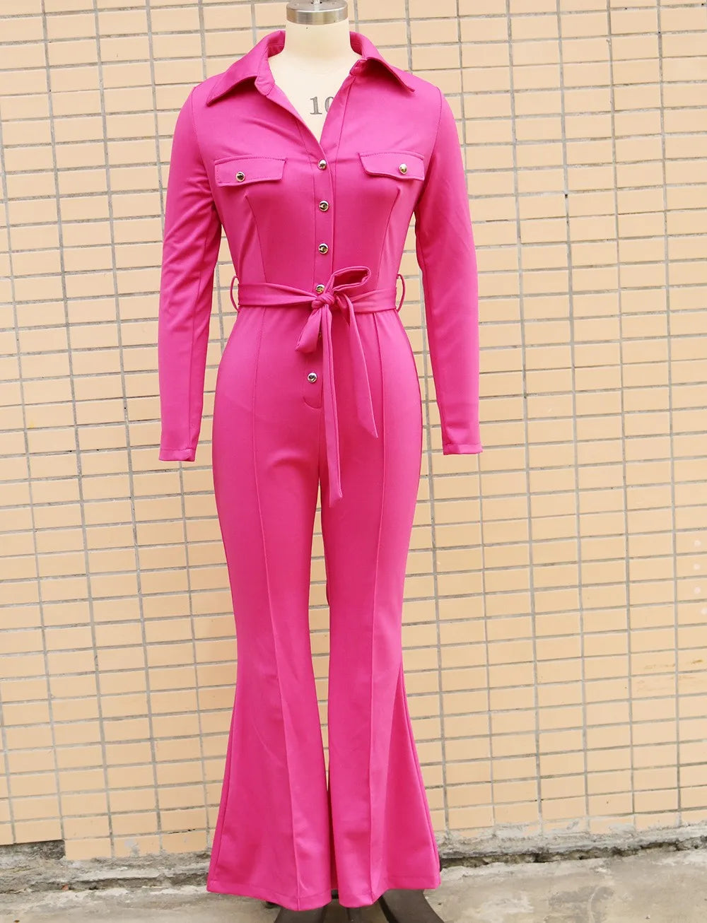 Knit Jumpsuit Button Front V Neck Romper High Waist Flared Long Jumpsuit Self Tie Belt Slim Fit Wide Leg Jumpsuit Solid Color