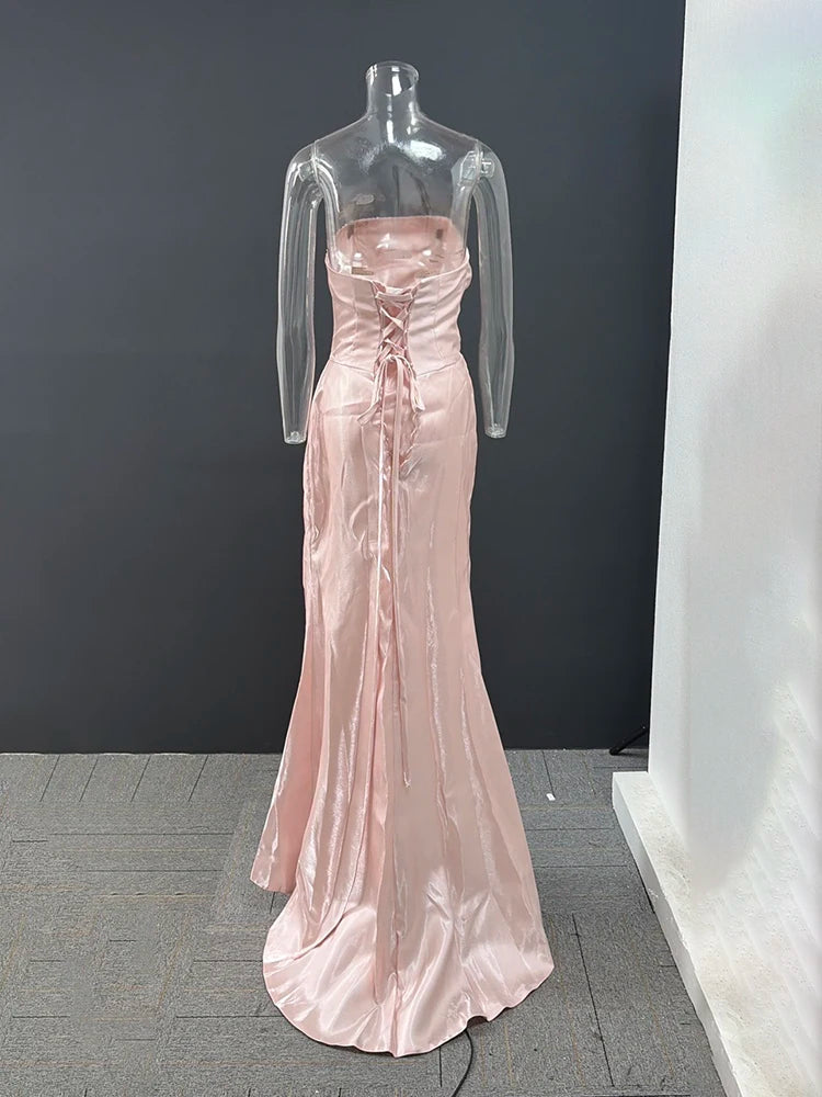 DEAT Fashion Pink Patchwork Sequined Strapless Dress Women's Slim Fit Waist Contraction Flods Floor-length Dresses New  7A2987