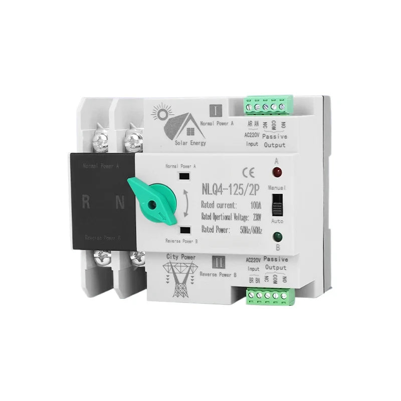 Solar ATS Transfer Switch 230V Uninterrupted Power For PV Inverters 2P 125A Dual Power Automatic Changeover For Home Solar