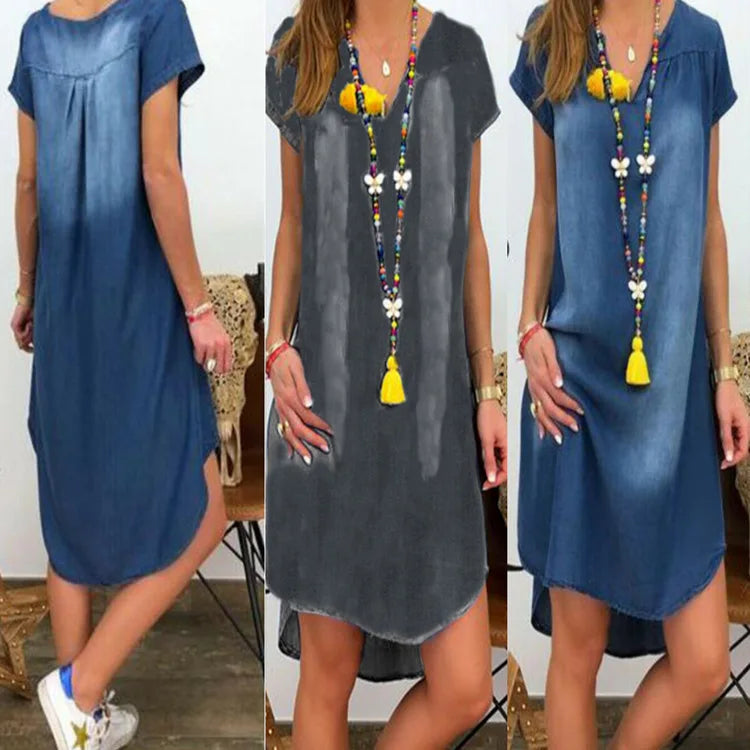 Summer New European and American V-neck Pullover Short-sleeved Denim Dress 2025 Cross-border