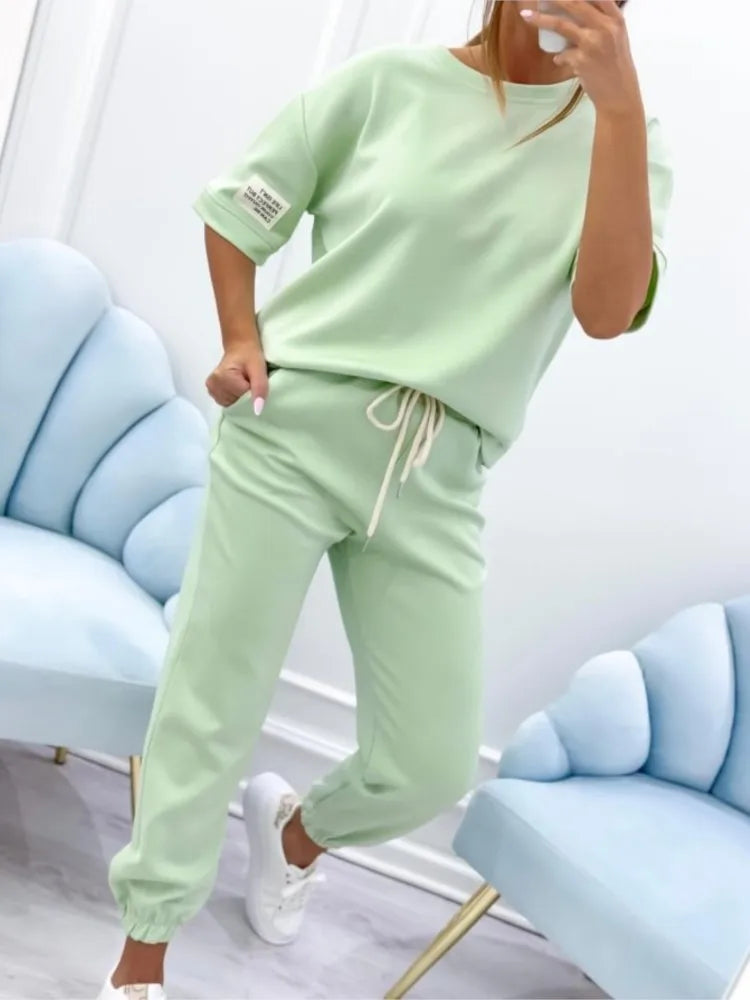 Fashion O Neck Short Sleeve Solid Color T-shirt Women Trousers 2-piece Set Summer Casual Sports Elastic Small Feet Trousers Suit