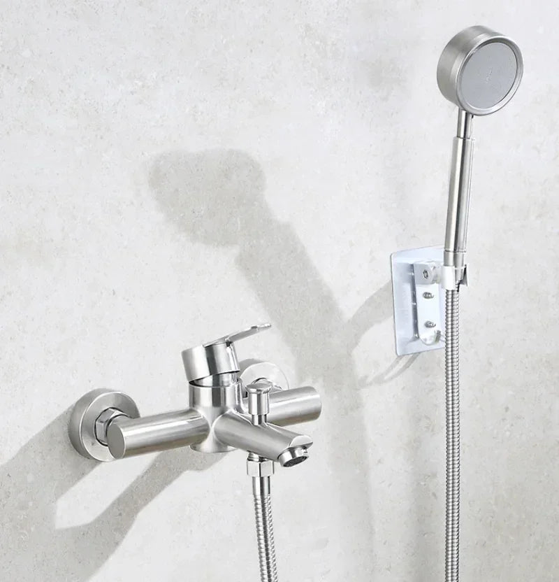 Wall Mounted Cold Hot Water Mixer 304 Stainless Steel Triple Valve Nozzle Tap Bathtub Faucet Bathroom Shower Faucet