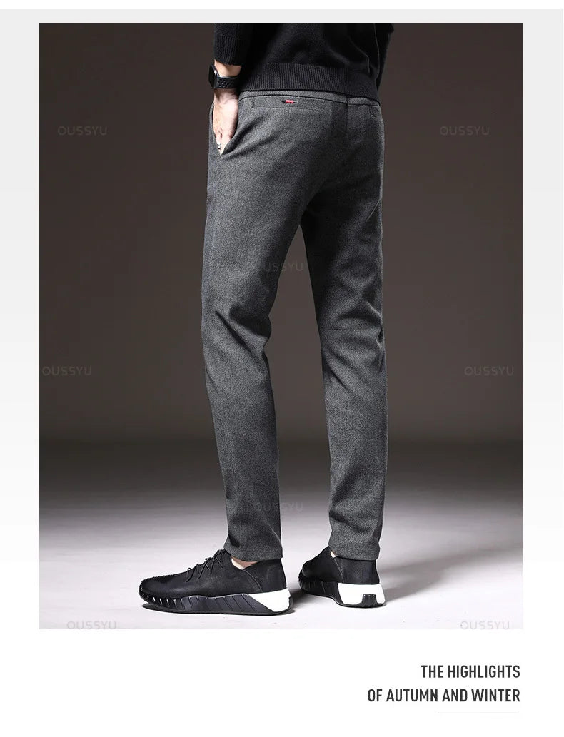 Autumn  Winter New Classic Casual Pants Men Thick Business Korea Slim Fit Stretch Gray Blue Black Brushed Fabric Trousers Male