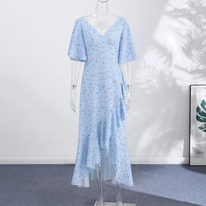 Elegant Print Women Long Dress Chic Ruffle Pleated Short Sleeve V-neck Waist-Closed Female Dresses 2026 Summer Beach Lady Robe
