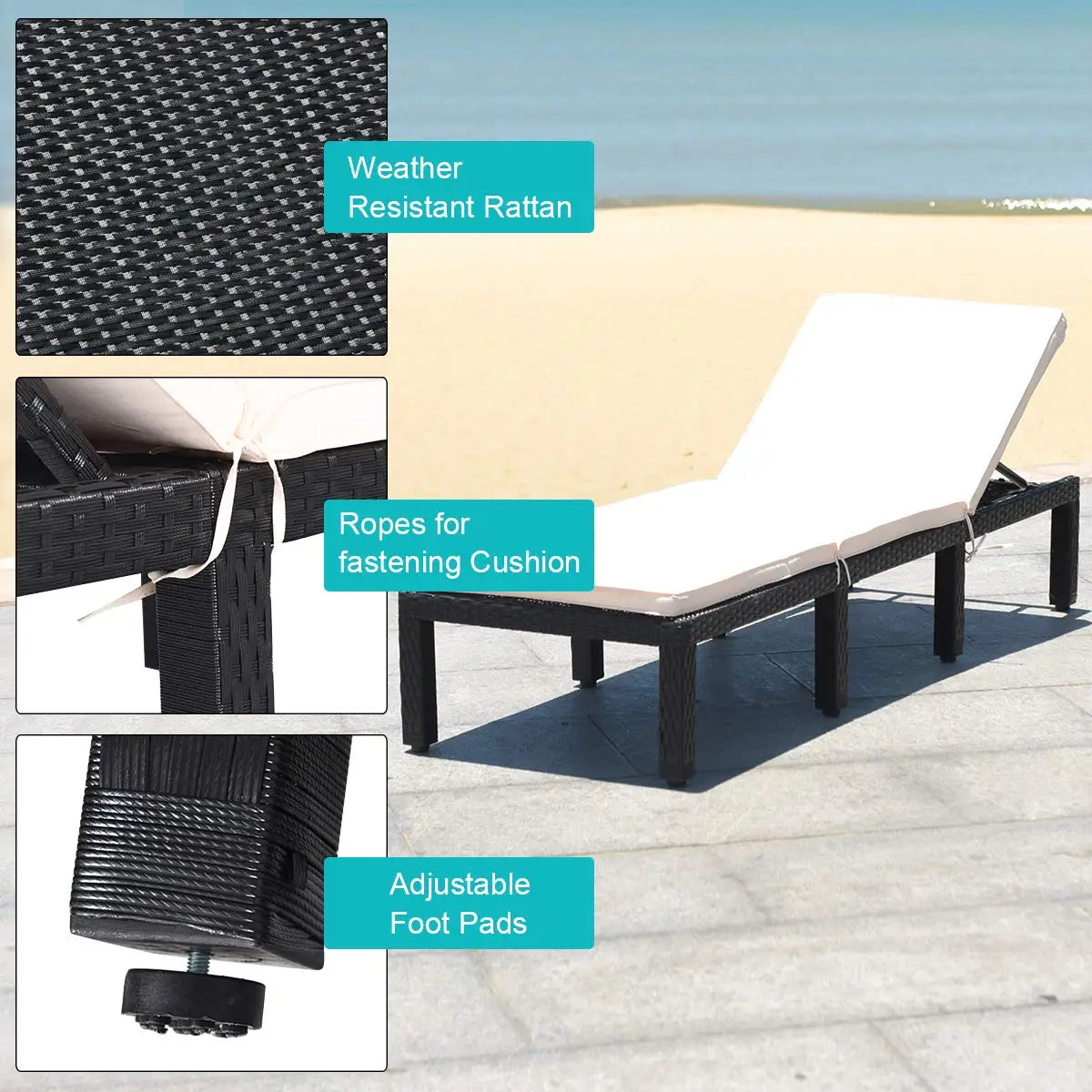 Height Adjustable Cushioned Rattan Patio Chaise Lounge For Pool & Garden, Custom
