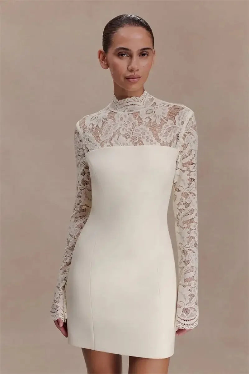 Women Elegant Lace Patchwork Sexy Mini Dress Fashion High Neck Long Flare Sleeve Backless Bodycon Club Party Dresses