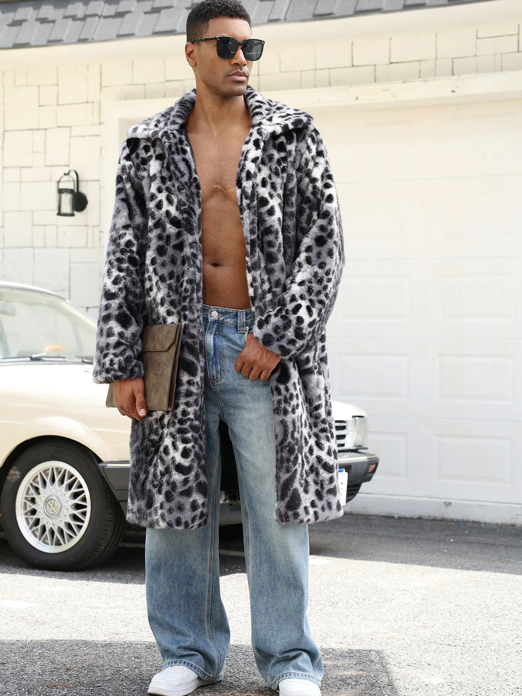 Men Faux Fur Coats Leopard Jackets Color Blocked Turn Down Collar Long Sleeve Single Breasted Straight Casual 2025 Autumn Winter