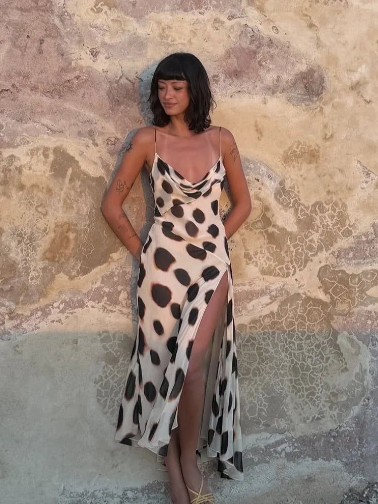 Trendy Slip Dress Animal Print V-neck Sexy  High Slit Fit Maxi Women Dresses Party Stylish Retro Summer Beach Street Outfits Y2k