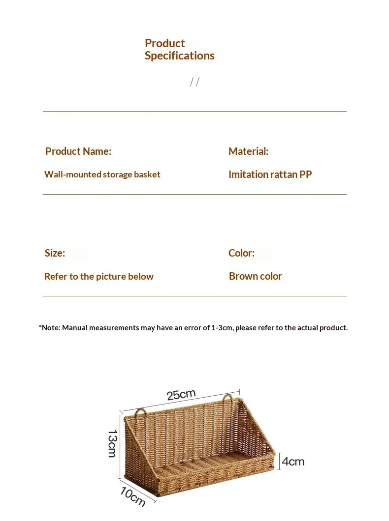 Woven Imitation Rattan Wall Mounted Storage Basket Slanted Shelf Organizer for Kitchen Living Room Bathroom Bedroom Balcony