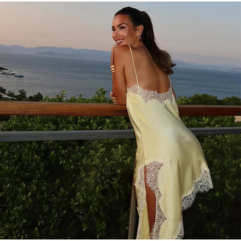 Sexy Solid Sling Lace Dress For Women Fashion Off Shoulder Backless High Waist Mini Vestido 2025 Chic Lady Party Holiday Dresses