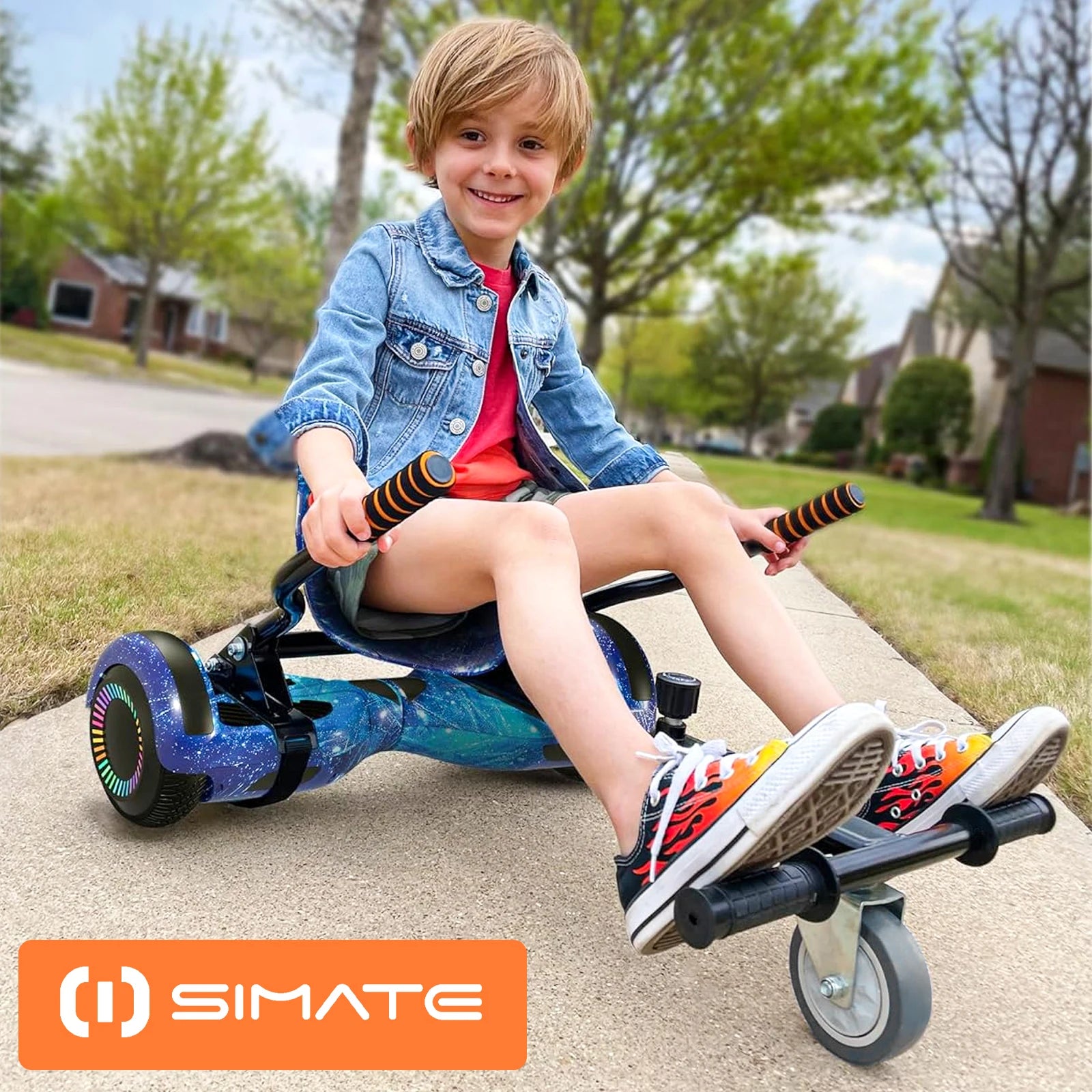 Scooter with Adjustable Seat Attachment, 6.5" All-Terrain Self Balancing Scooter, LED Lights & Bluetooth for Kids and Adults, Black