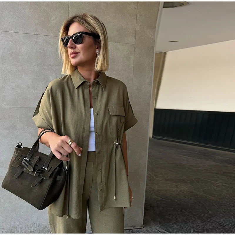 Casual Drawstring Shirt Pants Set Women Lapel Button Short Sleeve Pocket Loose Top Wide Leg Pants 2025 Chic Summer Women's Suit