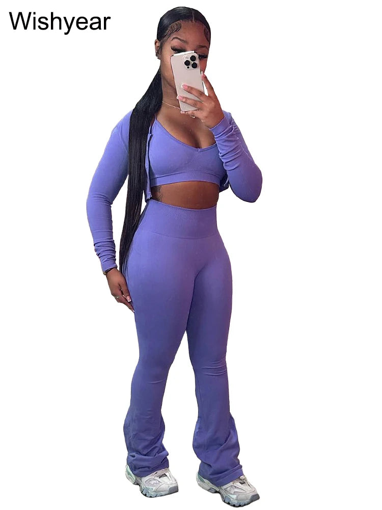 Fashion Solid 3 Pieces Sets Women Long Sleeve Crop Tops+Tanks+Flare Pants Active Fitness  Jogging Tracksuits Streetwear Outfits