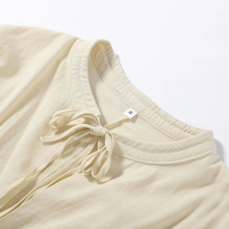 Casual Cotton Midi Dress Women O Neck Lace Up Lantern Sleeves Slim Waist A Line Robe Female 2026 Summer New Chic Solid Dresses