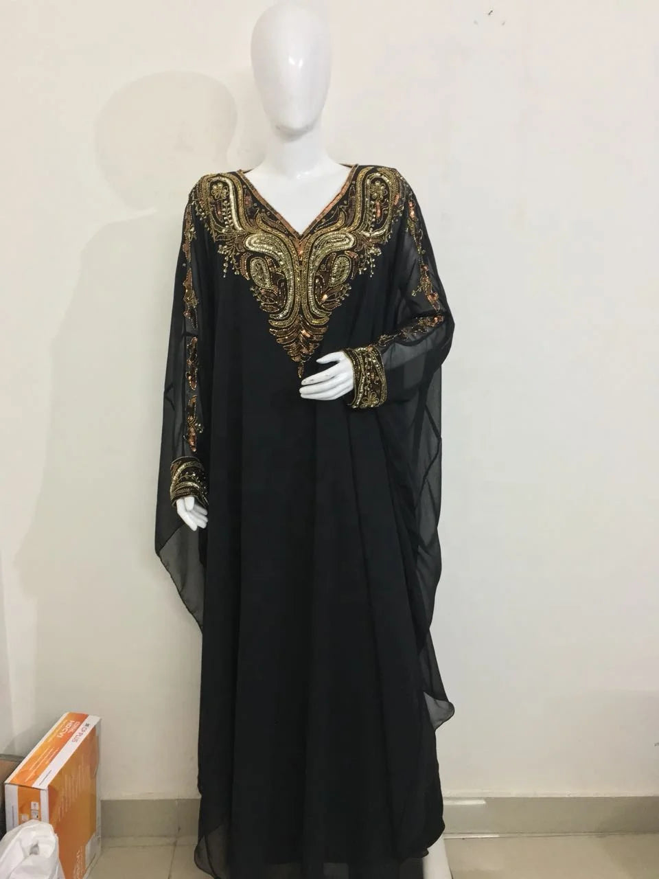 Muslim Kaftan Abaya Elegant Sequined Pearls Appliques Beading Georgette Straight Long Sleeve Floor-Length Women 2022 Hot Sell
