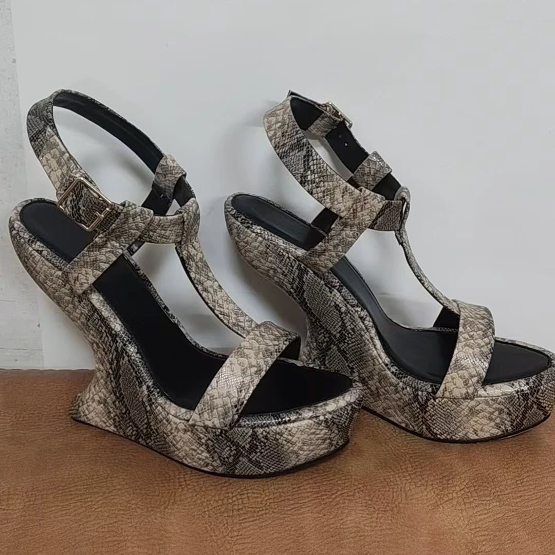 Snakeskin T-tied Open Toe Heelless Sandals Women Python Pattern Ankle Strap Platform Wedge Heels Sandals Lady Fashion Sexy Shoes