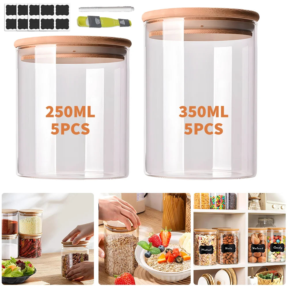 10pc Glass Sealed Jar Set 250ml 350ml Storage Tank With Bamboo Lid Seasoning Bottles, Coffee Storage Jars Kitchen Storage Jar