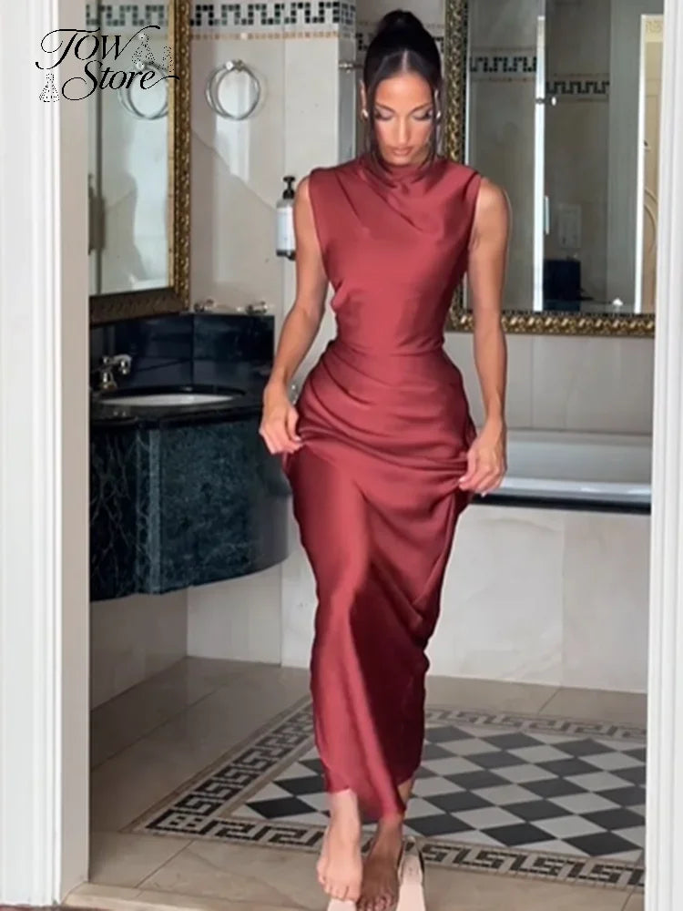 Solid Satin Cowl Neck Women's Dress Elegant Sleeveless Ruched Waist Fishtail Bodycon Lady Vestido 2026 Summer Party Dresses
