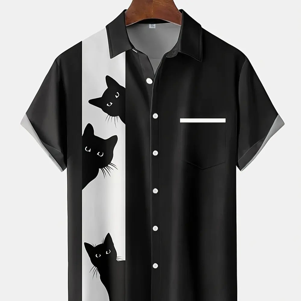 Cat Cartoon Print Shirt] Plus Size 3D Digital Print Cartoon Fun Men's Short Sleeve Button Shirt Fashion Hawaiian Vacation Shirt