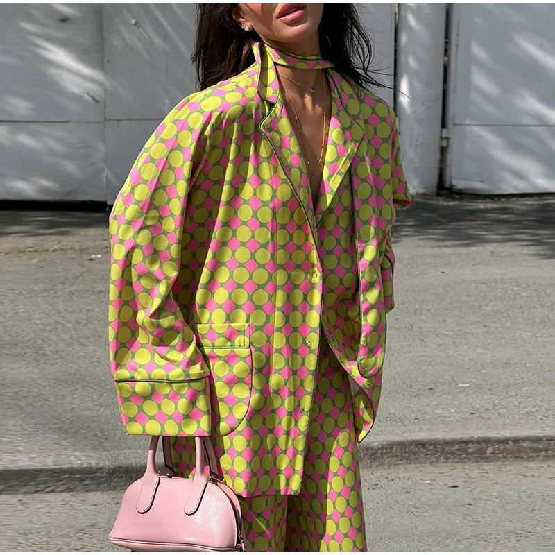 Vacation Geometric Printed Loose Pants Sets Women Lapel Full Sleeve Pocket Shirts Wide Leg Pant Suits 2026 Summer Street Outfit