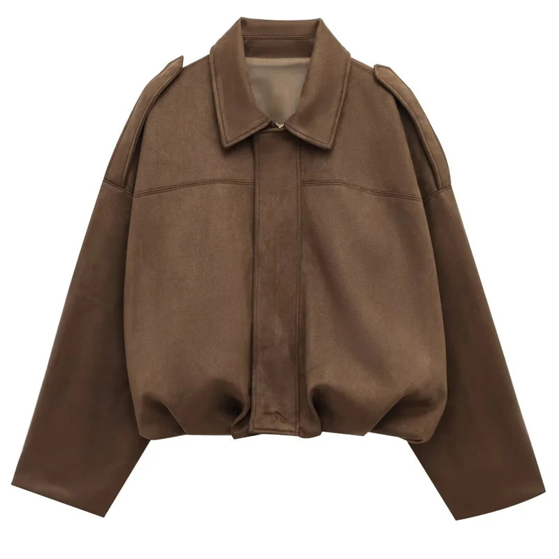 2026 Women's Bomber Jacket Lapel Long Sleeve Zipper Suede Jacket Women New High Street Cropped Racing Jackets Coats Outerwears