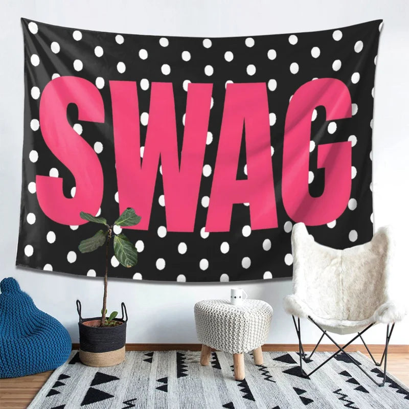 VIKAMA Polka Dot SWAG Tapestry Bold Pink Letter Wall Hanging for Bedroom Dorm Room Aesthetic Decor Trendy Wall Blanket