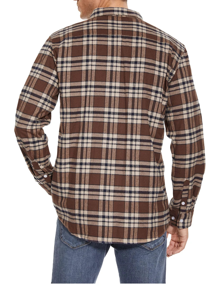 MAGCOMSEN Autumn Windproof Men's Flannel Shirt Warm Long Sleeve Casual Plaid Shirts with Two Chest Pockets