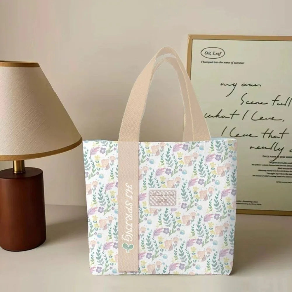 Portable Floral Canvas Tote Bag Large Capacity Reusable Commute Handbag Lightweight Shopping Bag For Work