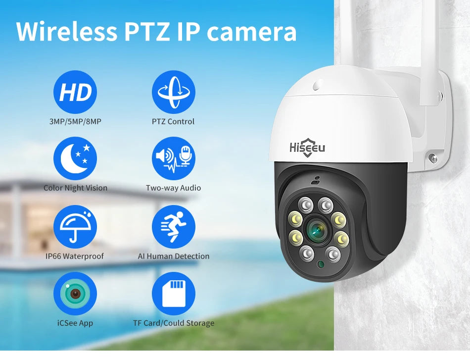 Hiseeu 2MP PTZ Wifi Smart Camera 5x Digital Zoom Human Detect Auto Tracking Wireless CCTV Video Surveillance IP Camera
