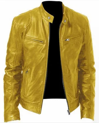 Winter Stand Collar Zip-Up Pocket PU Leather Jacket Men's Slim Business Casual