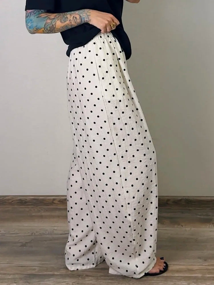 Polka Dot Cotton Linen Pants White Women Wide Leg Summer Spring Baggy Trousers For Woman High  Waist Linen Loose Pants Women