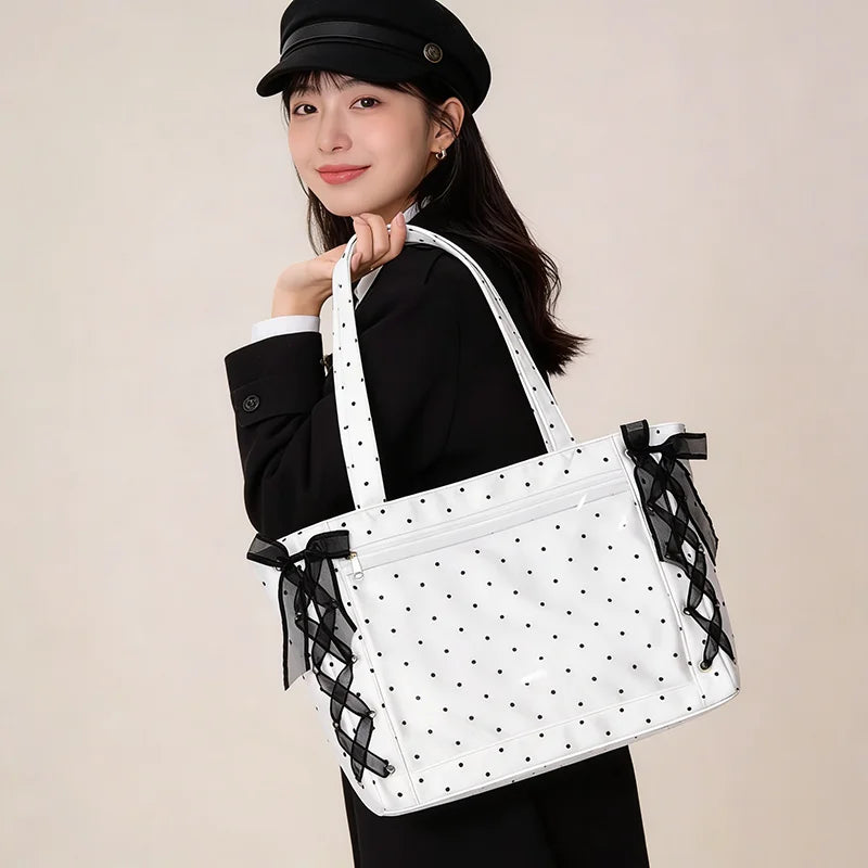 Japanese Polka Dot Shoulder Bag, Sweet Cute Large-capacity Ita Bag, Bow Lace Tie Design Handbag Fashion Lightweight Laptop Bag