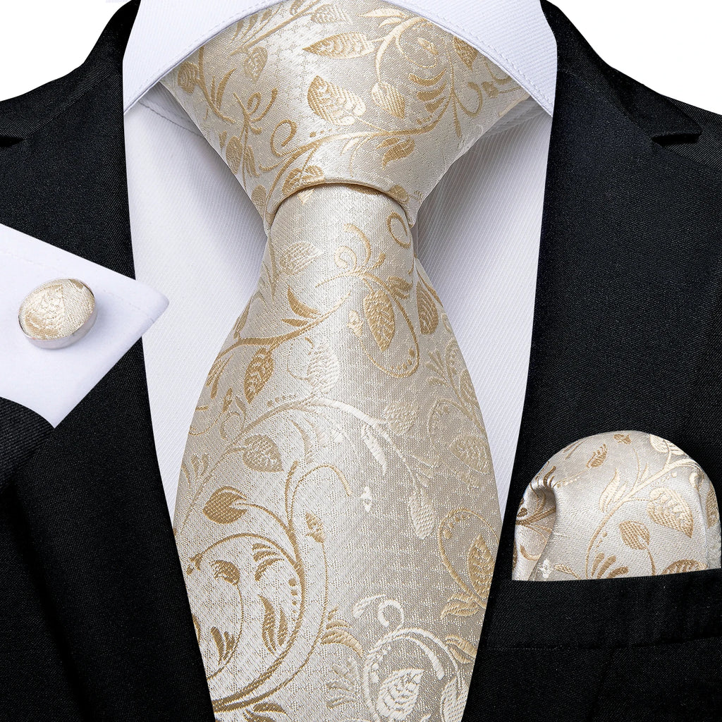 8cm Men's Polyester Ties Pocket Square Cufflinks Green Gold Paisley Wedding Party Accessories Necktie Gift