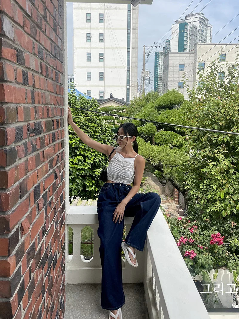 Retro High-waisted Women's Straight Jeans Summer New Fashion Loose Drawstring Design