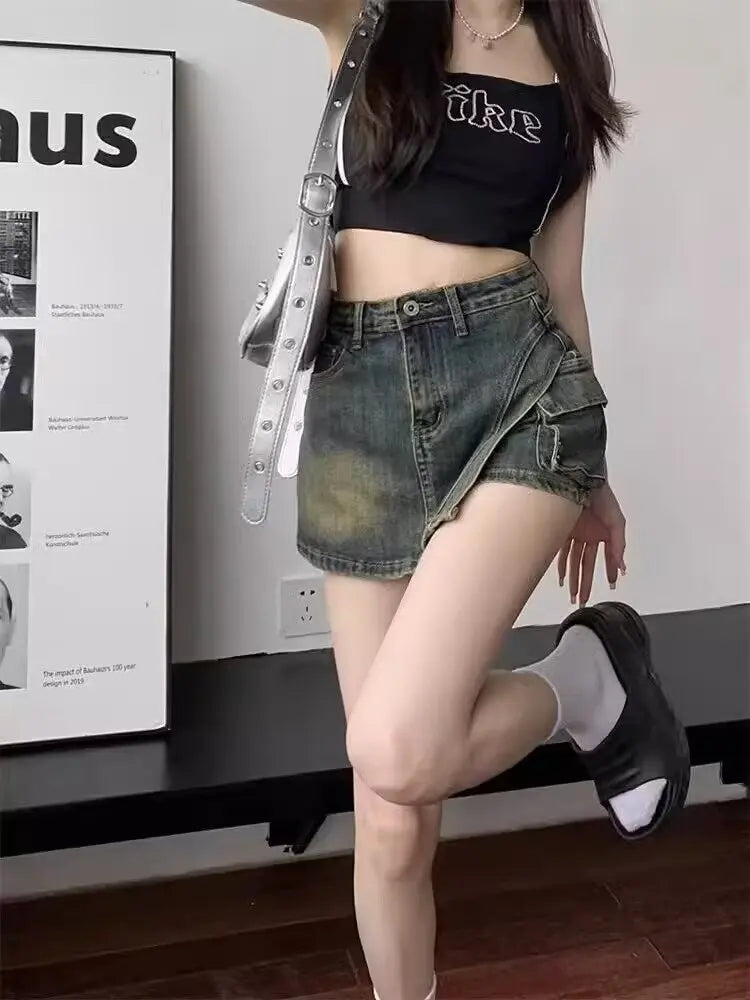 High Waist Retro Irregular Denim Skirt Pants Women's Summer New Spice Girl Versatile Short Skirt Pants