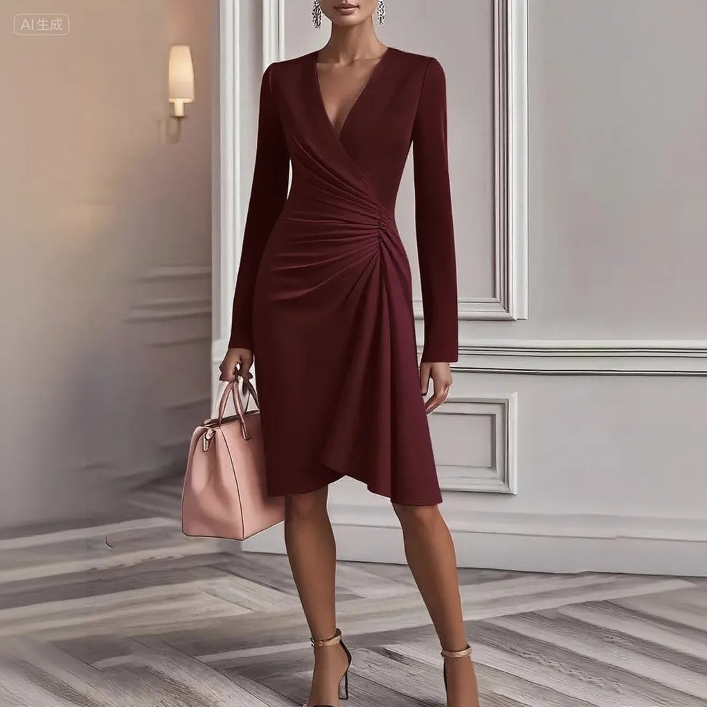 Autumn New Fashion V Neck Folds Solid Long Sleeve Dress Women's Office Commuter A-line Midi Party Dresses Female Clothing