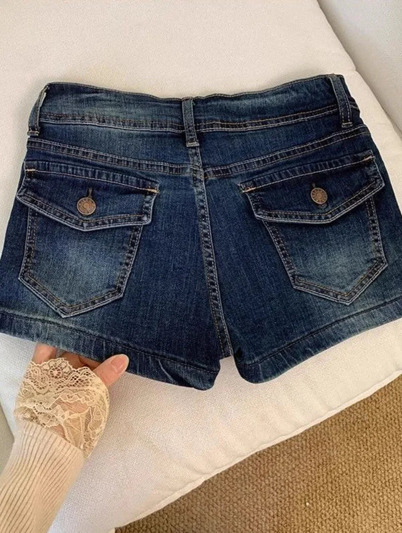 Retro Roll Up Hem Deep Blue Denim Shorts Women Summer Sexy Low Rise Hip Covering Hot Pants American Distressed Washed Jean Short